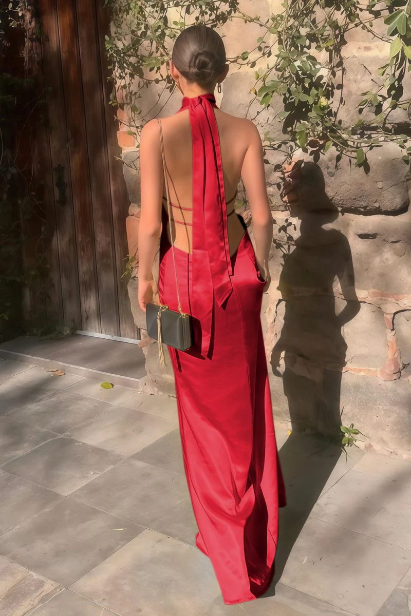 Yellow - Halter Deep V Neck Satin Sheath Backless Long Prom Dresses