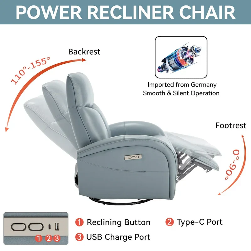 Blue Genuine Leather Power Recliner with Swivel & USB Charging