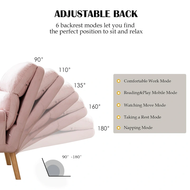 Velvet Fabric Armchair with Ottoman with Adjustable Backrest and Side Pockets