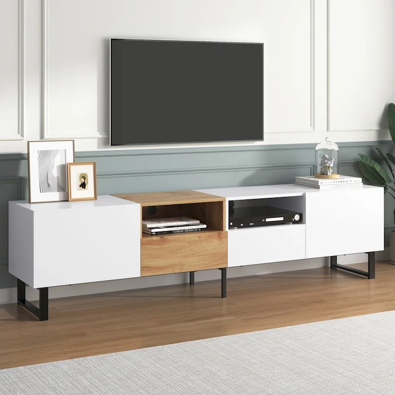 TV Stand with 2 Cabinets and Open Storage Compartment
