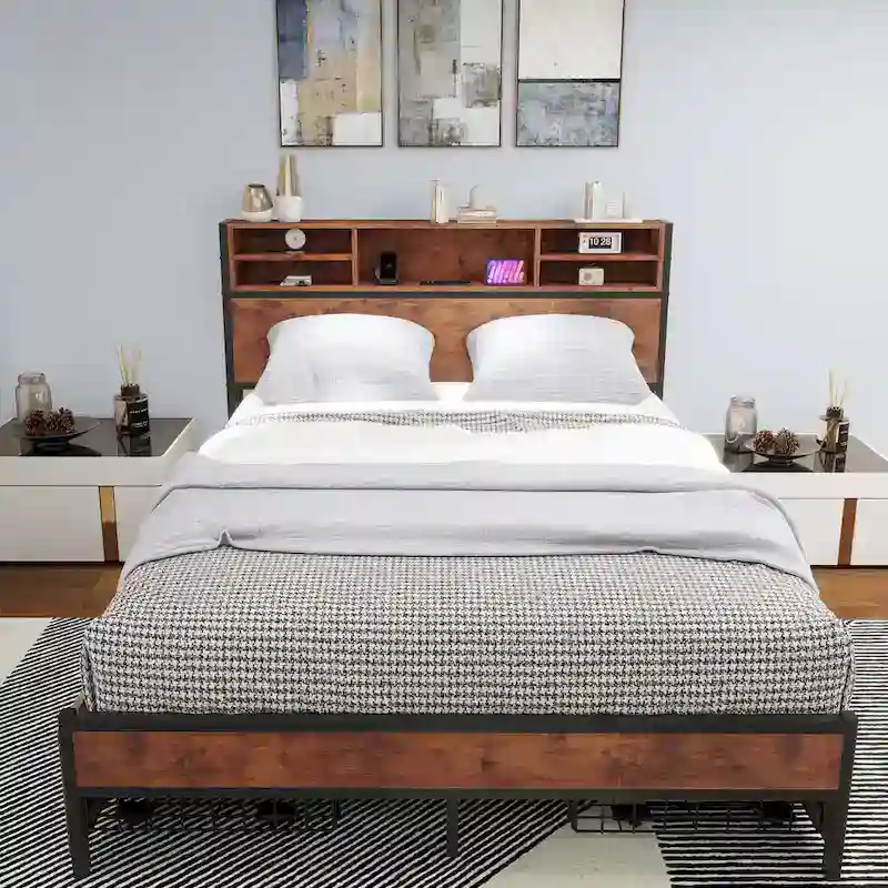Moasis Queen/King Metal Platform Bed with 4 Storage Drawers and Charging Station