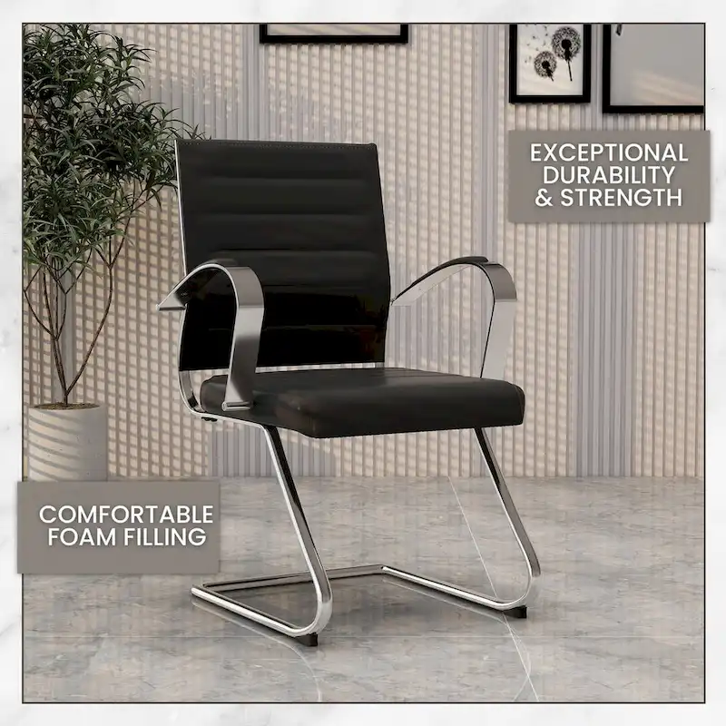 Leather Office Chair with Stainless Steel Sled Base Benmar Series by LeisureMod