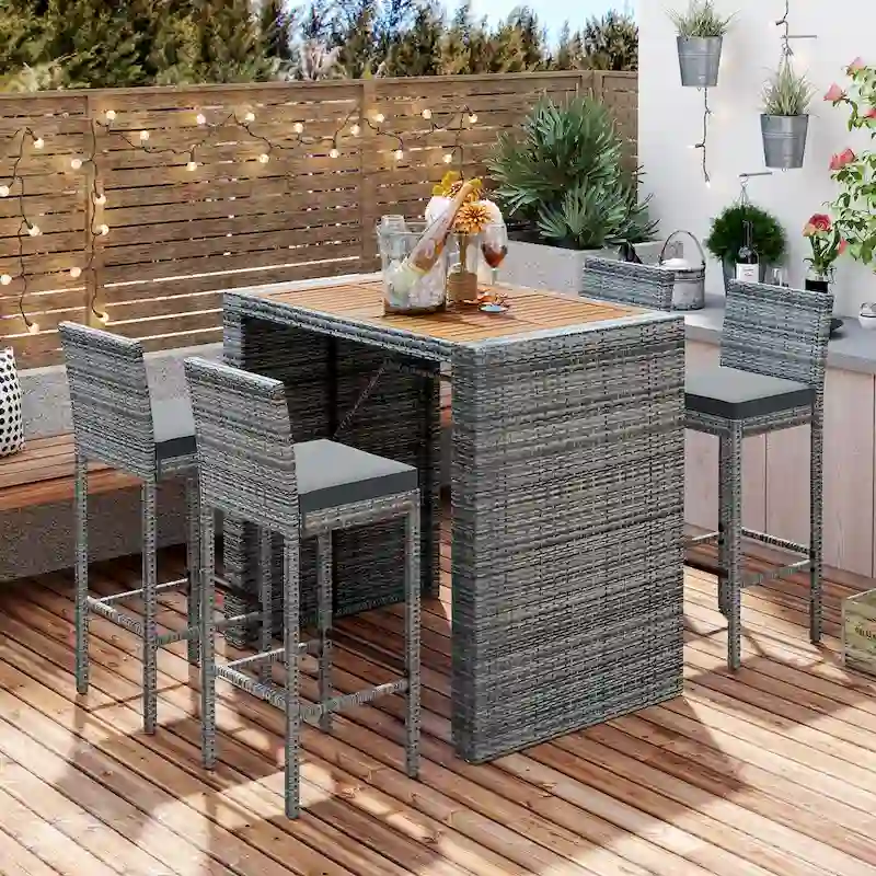 5 Pcs Outdoor Rattan Dining Table and Chairs Set, Patio Conversation Furniture Sets with Height Table and 4 Chairs