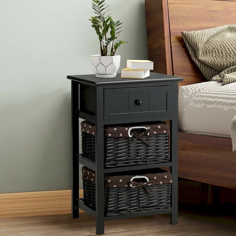 3 Layer Set of 2 Wooden Bedside End Table with 2 Wicker Baskets and 1 Drawer - 16 x 12 x 25(L x W x H)