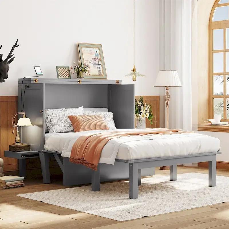 Grey / White Queen / Full Wall Fold-Down Bed with USB Port – 1 Person