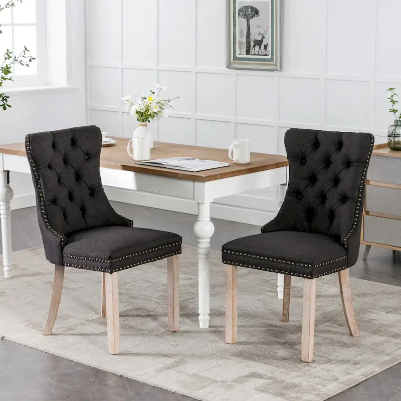 Black / Beige / Gray Linen Dining Chair with Wood Legs, Set of 2