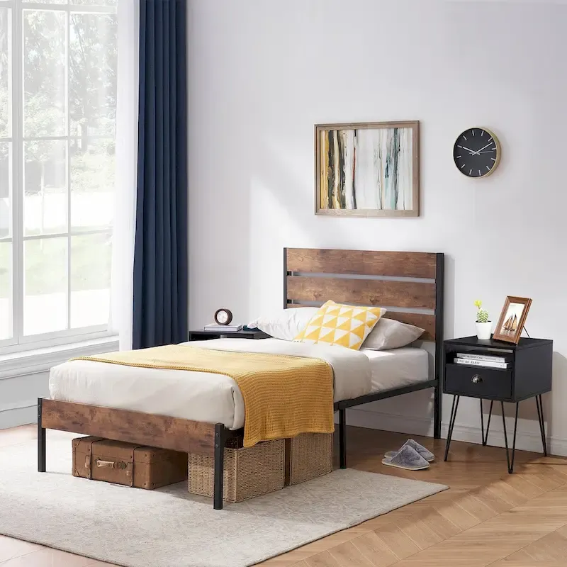Taomika 3-Pieces Industrial Bed and Modern Square Nightstands Set
