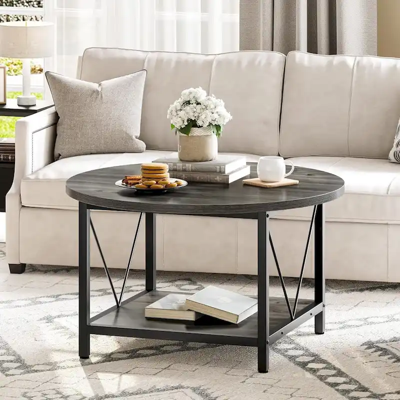 2-Tier Round Coffee Table with Shelf – Grey / Brown / Black / White / Wood