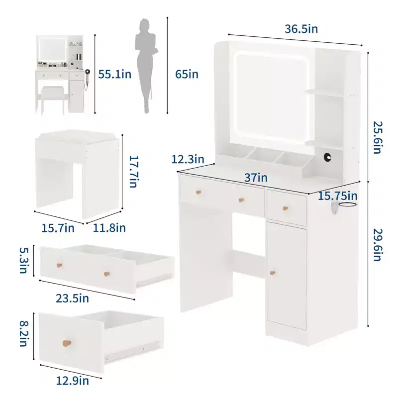GustoWave Vanity Desk with Mirror and Lights, Power Outlet, Makeup Vanity Table Set with Stool, 3 Lighting Modes,Adjustable Brightness, Dressing Table