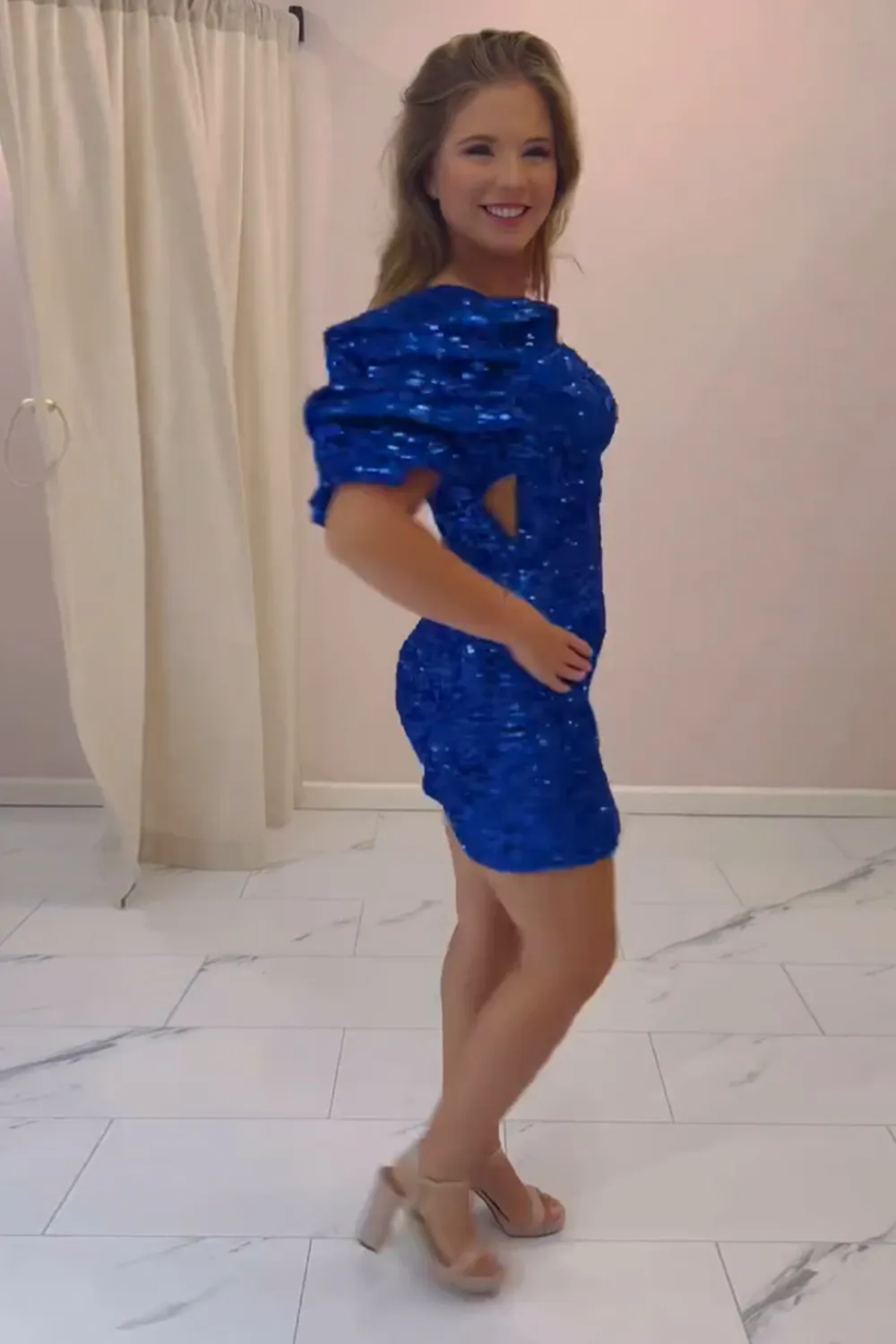 Sparkly Royal Blue One Shoulder Sequins Bodycon Mini Party Dresses
