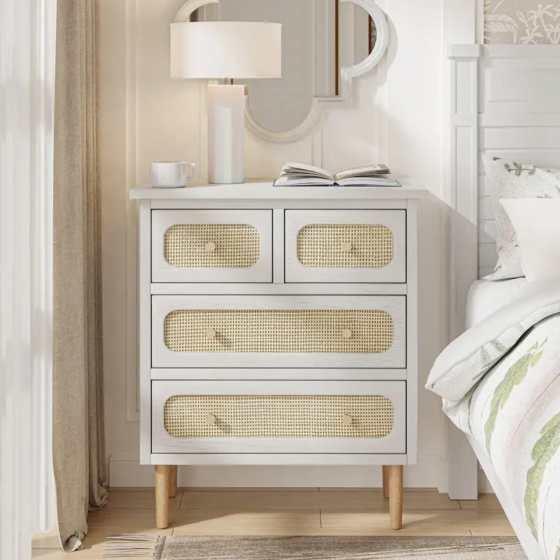 Wicker Rattan Chest of Drawers, 4-Drawer Dresser, White Finish Wooden Storage Cabinet