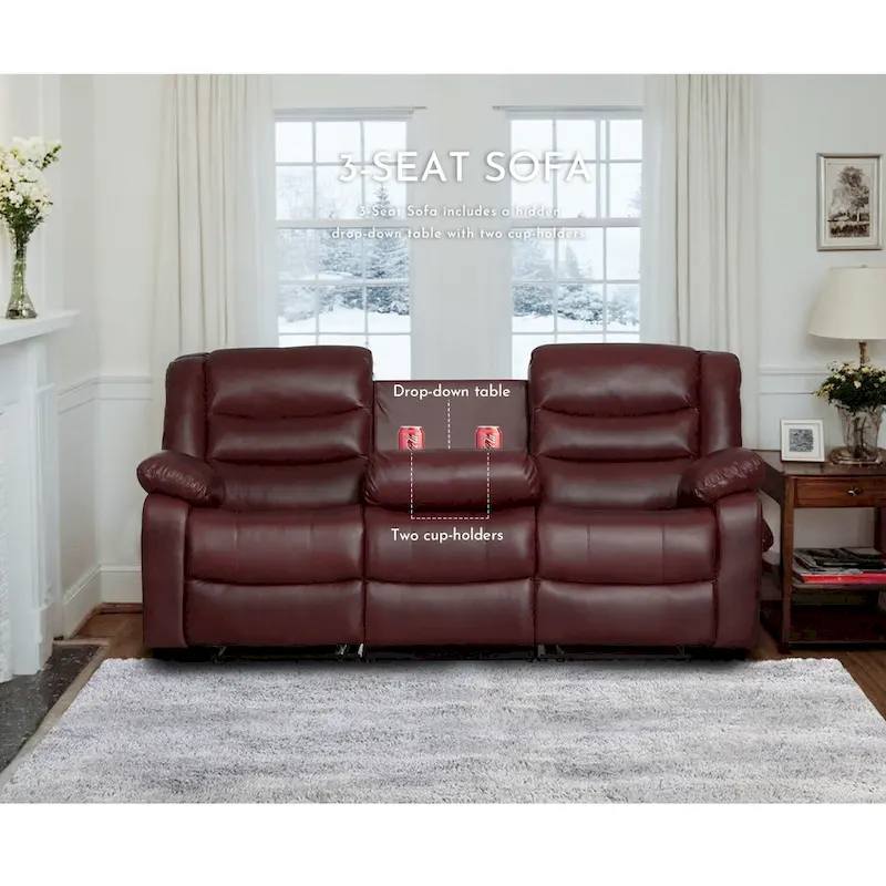 Faux Leather Manual Reclining Living Room Sofa with Dropdown Table and Console