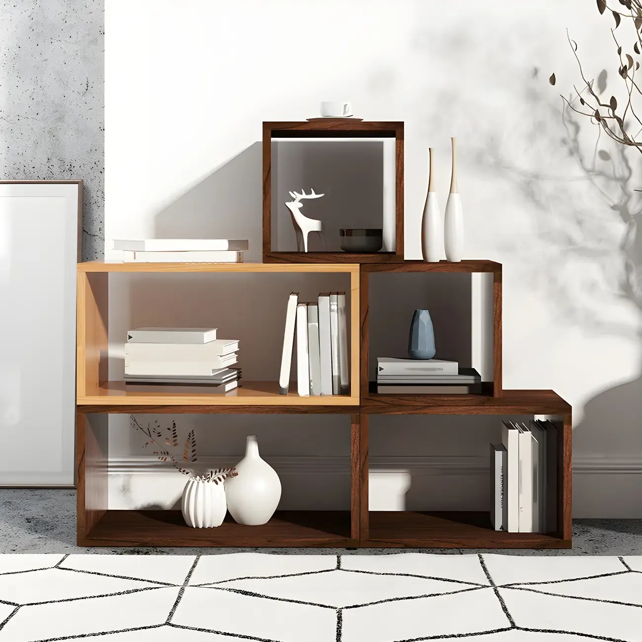 Minimalist Solid Wood Geometric Open Back Cube Bookcase