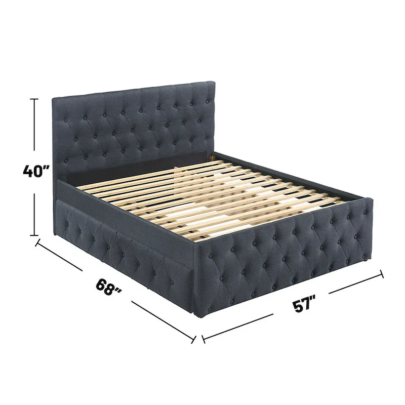 Linen Upholstered Twin Bed with Pull-Out Trundle | Charcoal / Light Grey / Light Brown