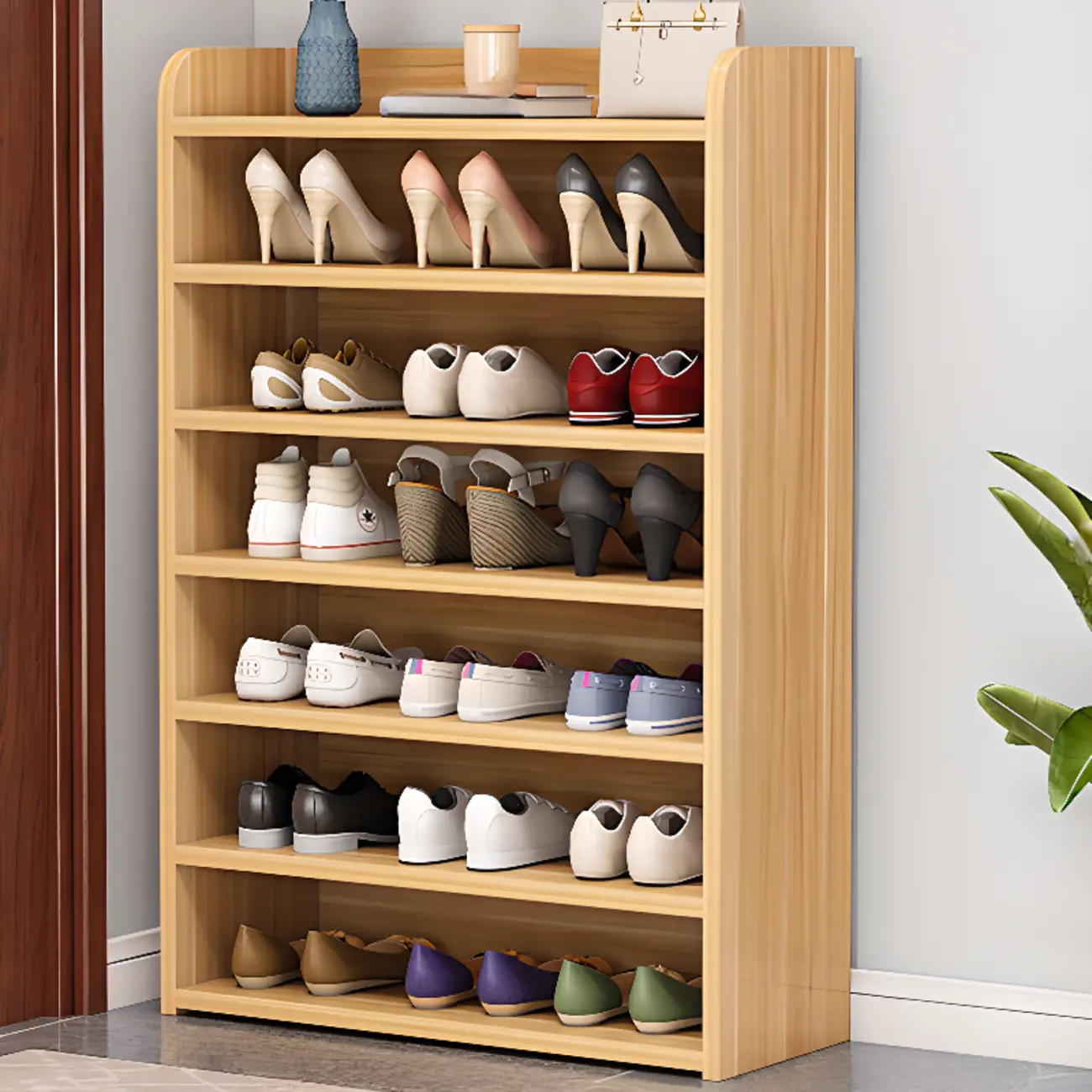 Vertical White Wooden Hallway 6-Tier Open Shoe Rack