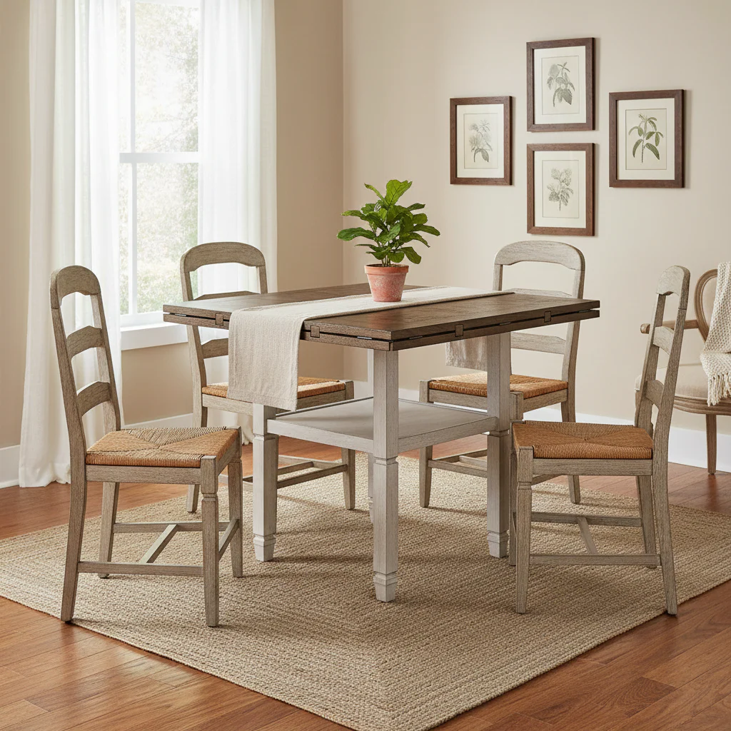 Brown and Beige Wood Grain Counter Height Table with 4 Drop Leaves and Bottom Shelf – 6-Person