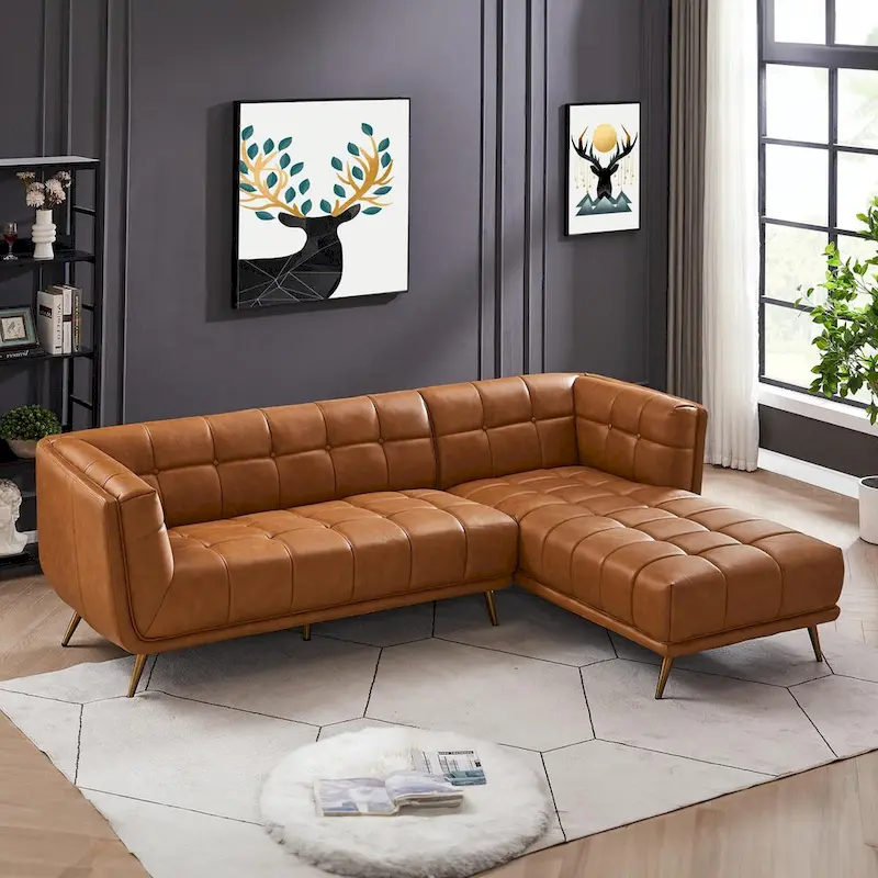 Cognac Tan Chesterfield Genuine Leather Sectional Sofa - Mid-Century Modern