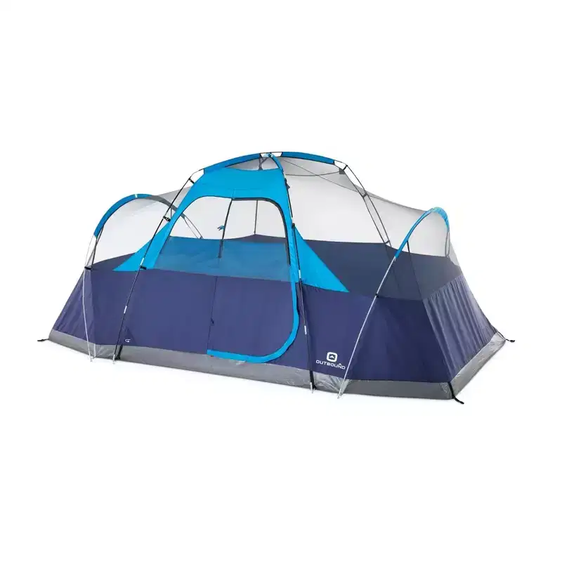 Outbound 8 Person 3 Season Lightweight Easy Up Dome Tent with Heavy Duty 600 mm Coated Rainfly, Front Canopy, and Mesh Wall, Light Blue & Navy