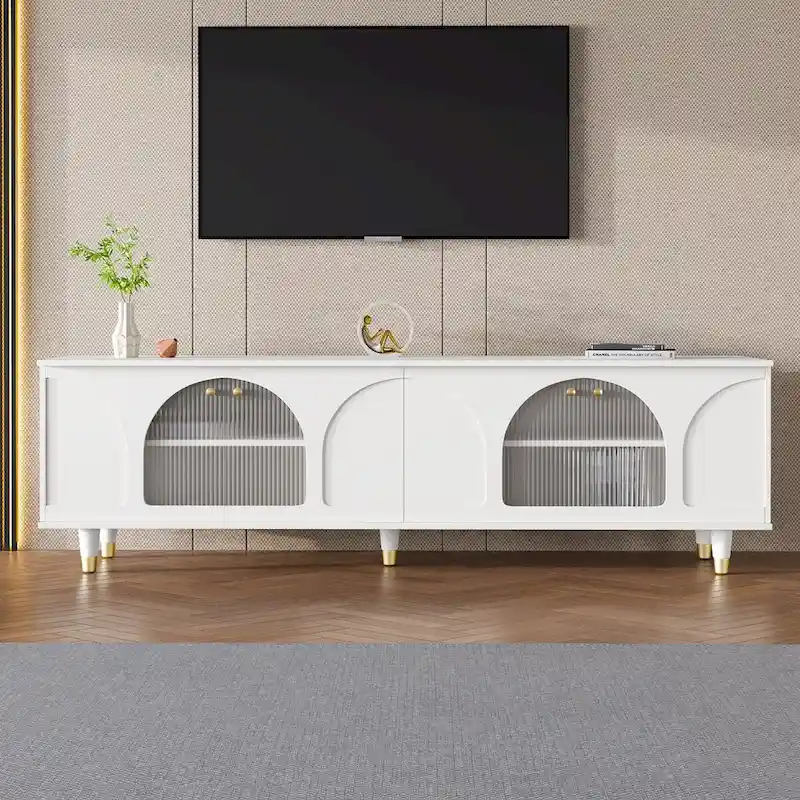 Black / White TV Stand with Arch Fluted Glass Doors & Gold Handles – Modern Boho Style, Fits TVs up to 78