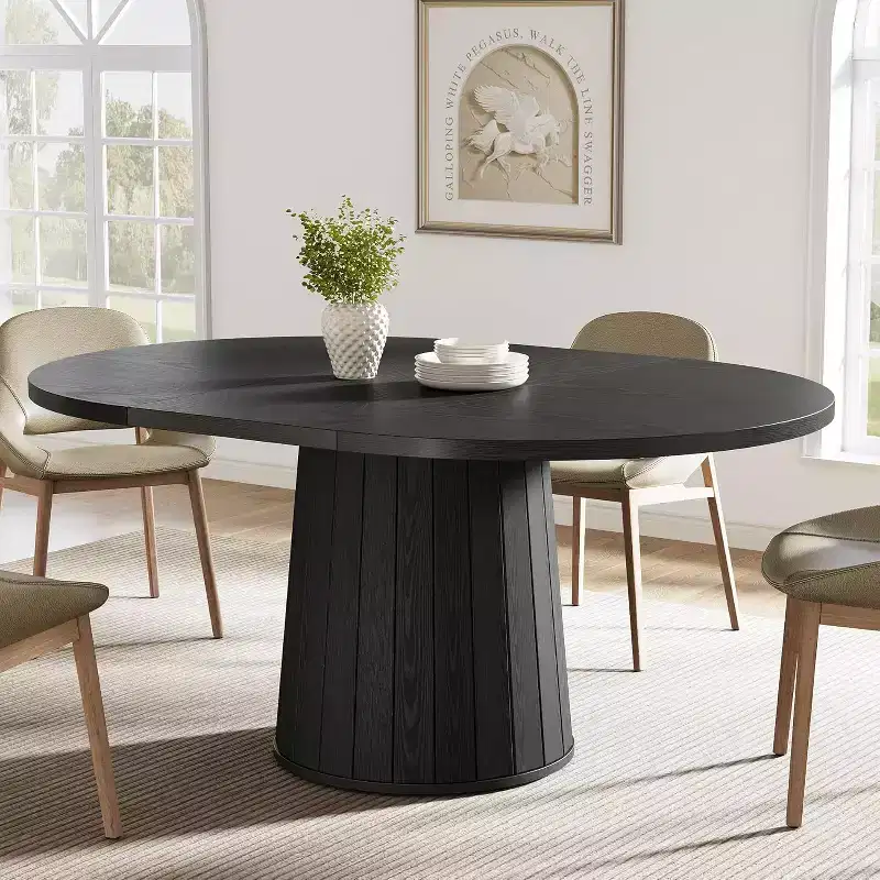 Lantine Oval Dining Table for 6 People, 55.11-Inch Farmhouse Kitchen Dinner Table with Cylindrical Pedestal