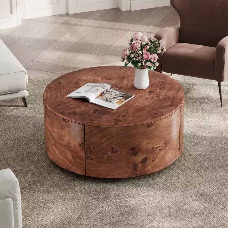 Round Rotating Coffee Table Rustic Center Table Vintage Modern Accent Table with 360 Swivel Top & 2 Drawers, Walnut - ModernLuxe