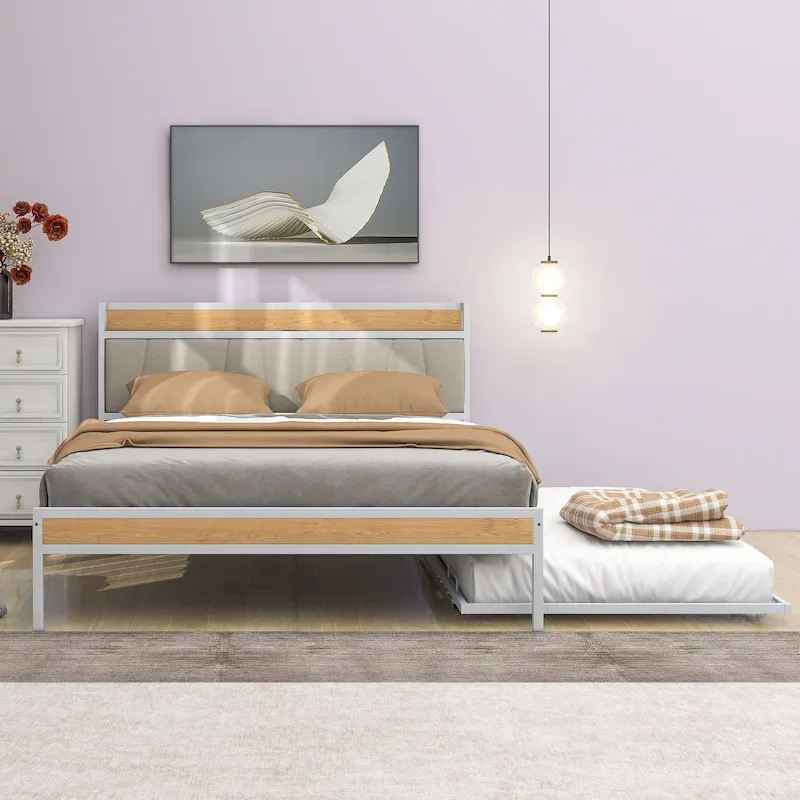 Queen Size Metal Platform Bed Frame with Twin size trundle, Upholstered headboard Sockets, USB Ports and Slat Support