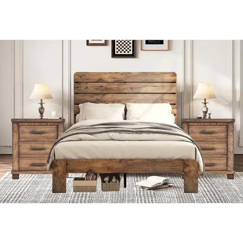 3-Pieces Bedroom Sets Wood Platform Bed Frame and Headboard,Solid Wood Nightstands Set of 2 with Three Drawer