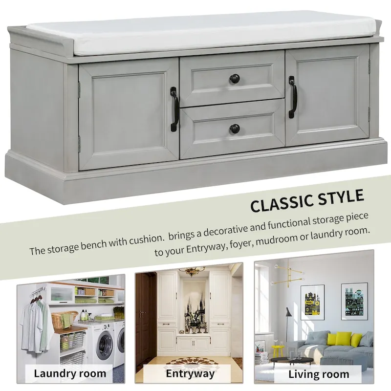 Storage Bench with Cushion, 2 Drawers and 2 Cabinet Doors