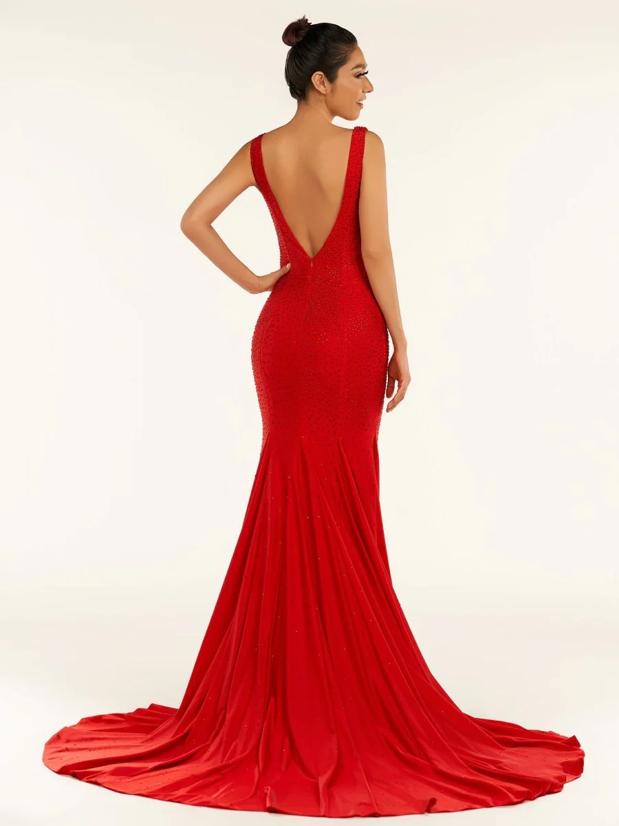 Mermaid Deep V-Neck Beaded Satin Long Prom Dress