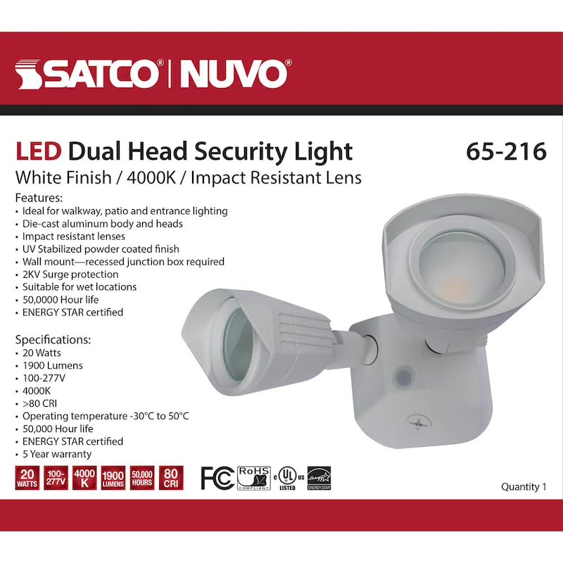 LED Security Light - Dual Head - White Finish - 4000K - 120-277V
