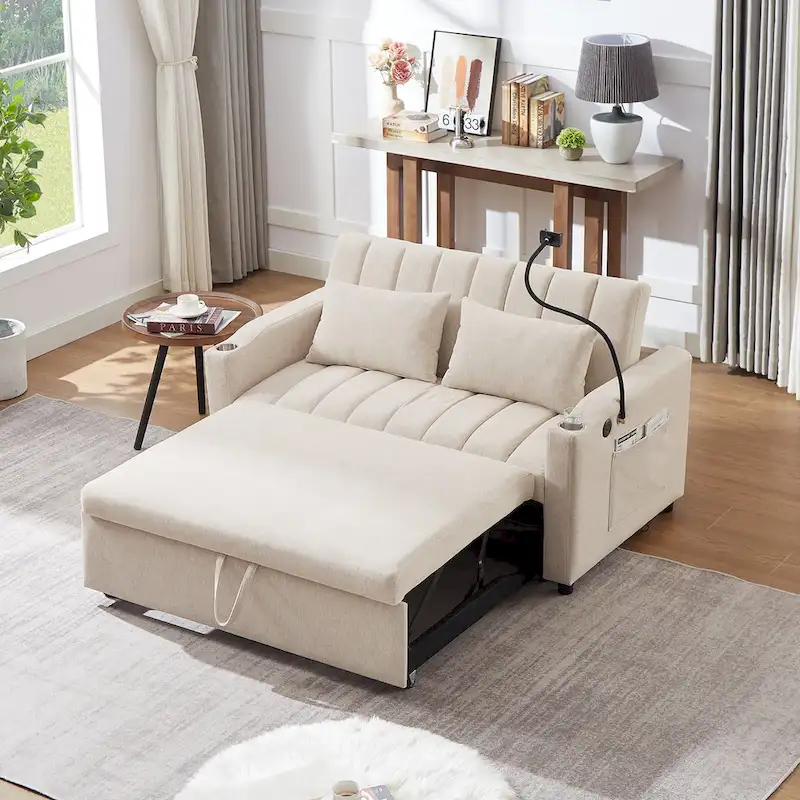 Convertible Loveseat Sofa Bed with USB Ports, Side Pockets, Cup Holders, and Swivel Phone Holder for Living Room