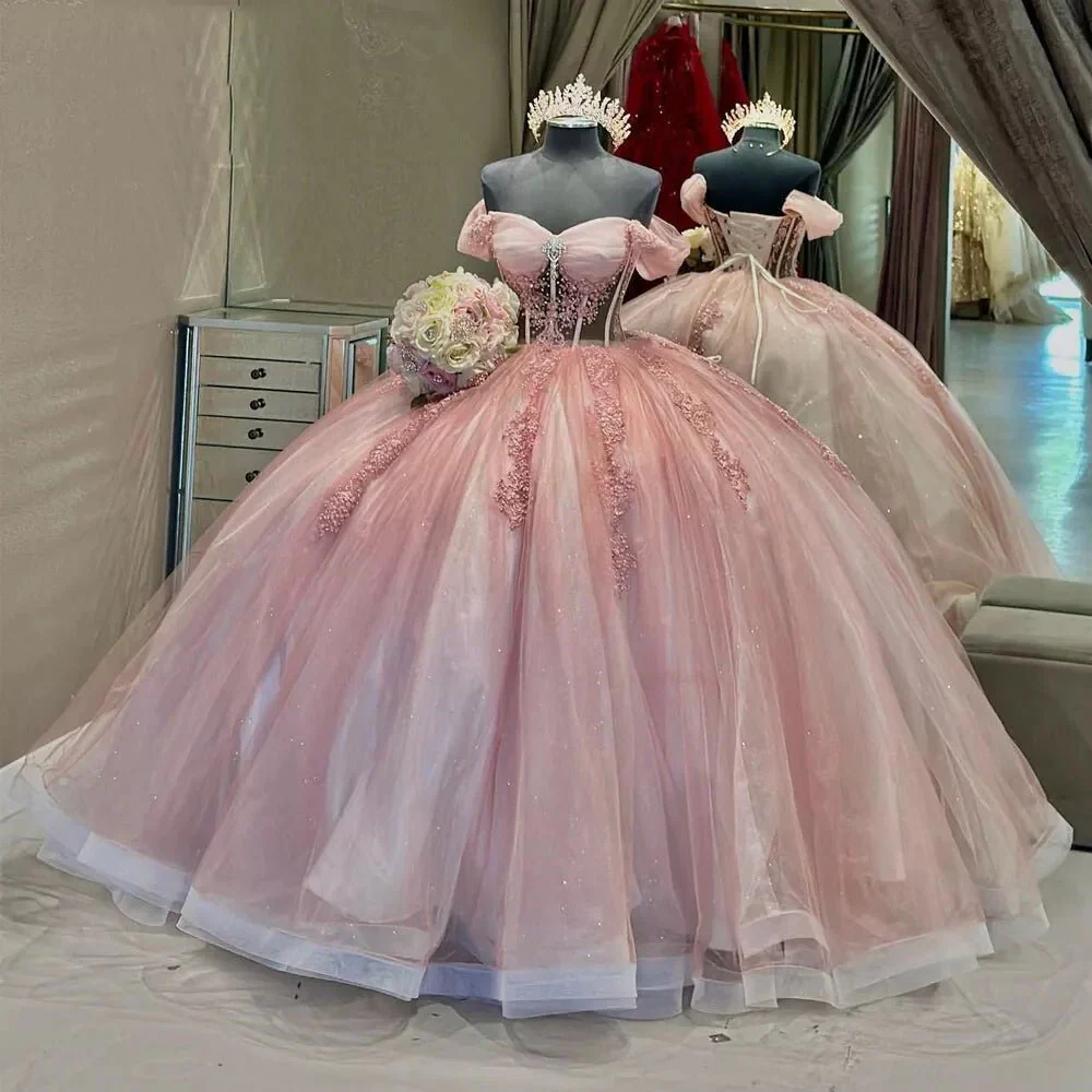 Ball-Gown Pink Off-the-Shoulder Quinceanera Dresses