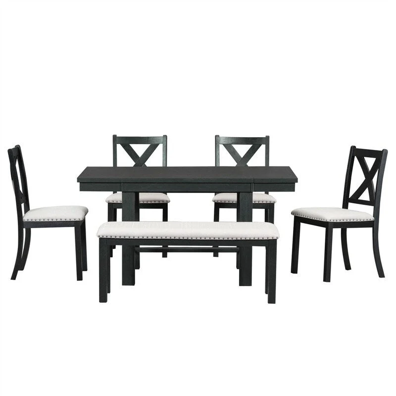 6-Piece Dining Kitchen Table Set, Extendable Wood Dining Table, 4 Upholstered Dining Chairs and Bench, Two 11 Removable Leaf