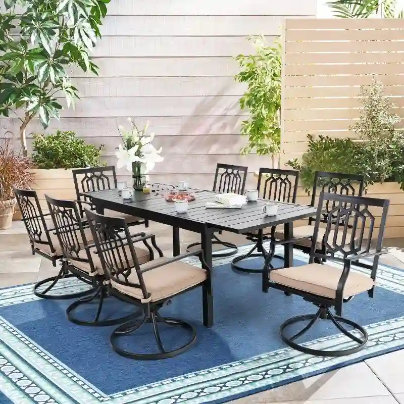 MAISON ARTS Seats up to 6/8 Outdoor Patio Dining Set, 6/8 Metal Swivel Chairs, 1 Rectangular Expandable Table