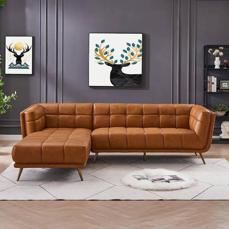 Luxury Modern Chesterfield Genuine Leather Sectional Couch in Cognac Tan