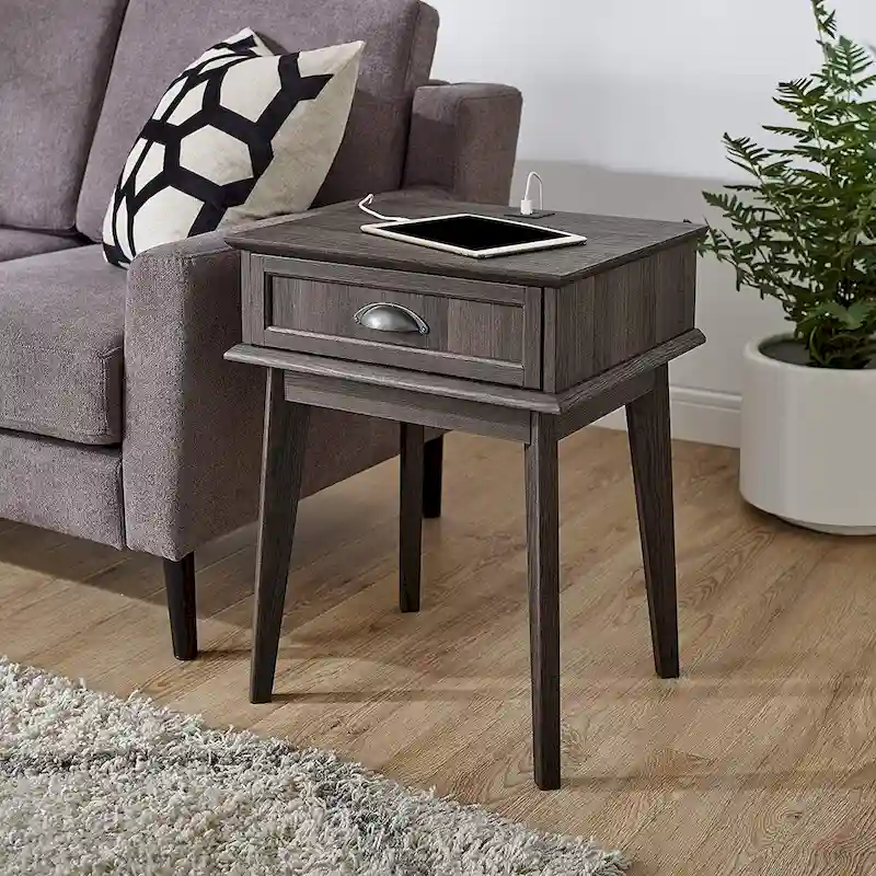 Caffoz Tall Side End Table with Fully Extended Drawer and USB Hub