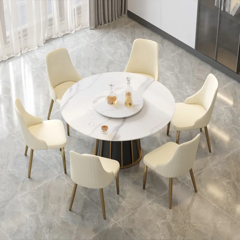 53 White Sintered Stone Round Dining Table with Lazy Susan - N/A