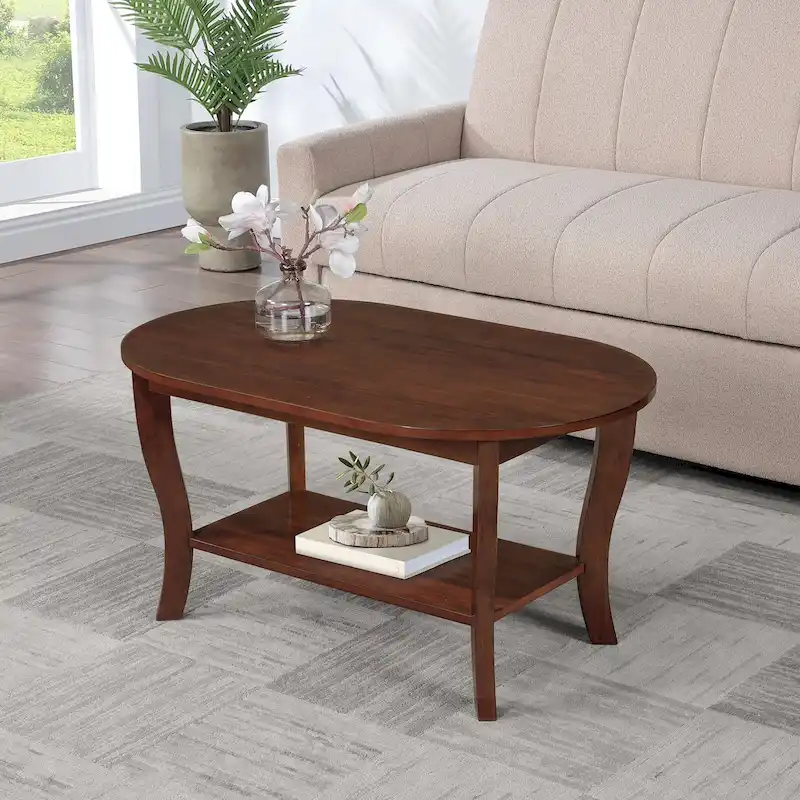 Espresso / White / Black Oval Coffee Table with Shelf, 2-Tier, 2-Person