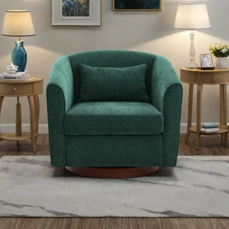 360 Swivel Barrel Accent Chair, Chenille, Solid Wood Base, Green / Grey / White, 1-Person Use