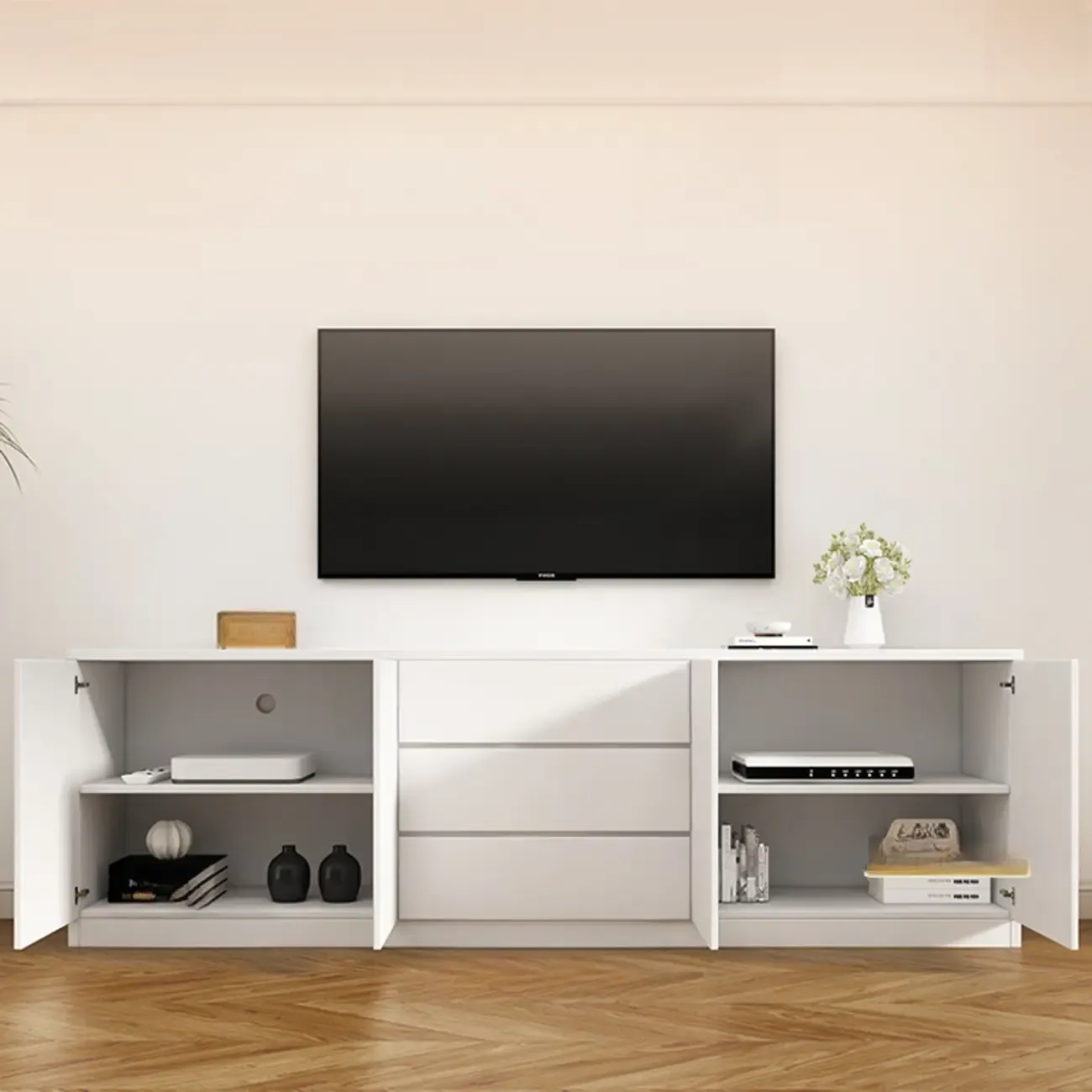 Modern Wooden TV Stand with Shelves and Cabinets