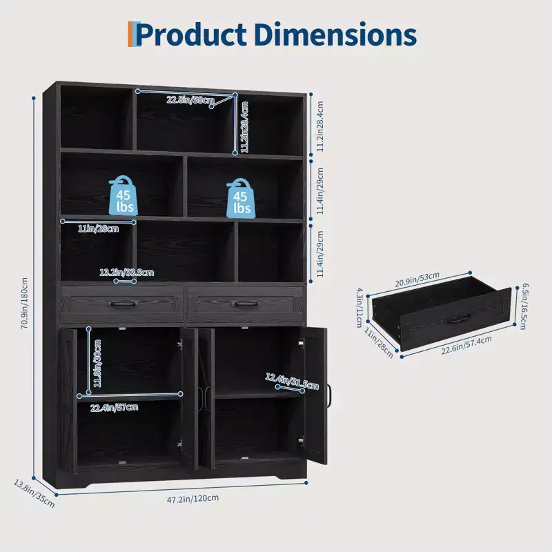 Garvee 71in Tall Bookcase with 2 Drawers & 4 Doors, 6-Tier 47in Wide Large Modern Bookshelf Storage Cabinet with Shelves for Home Living Room Office