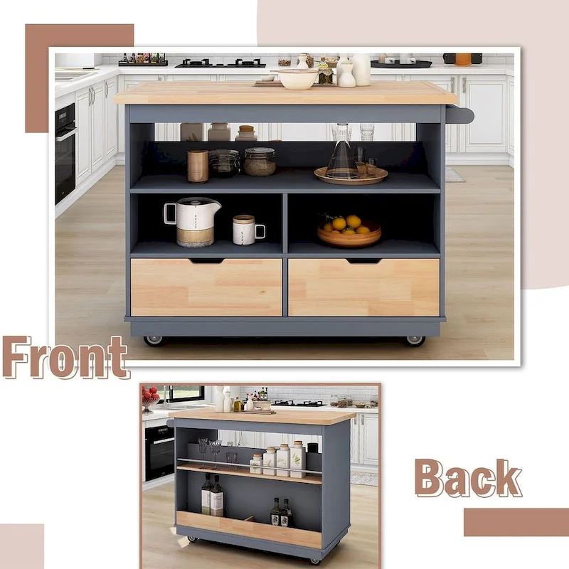 Kitchen Island on Wheels with Open Compartments and 2 Drawers