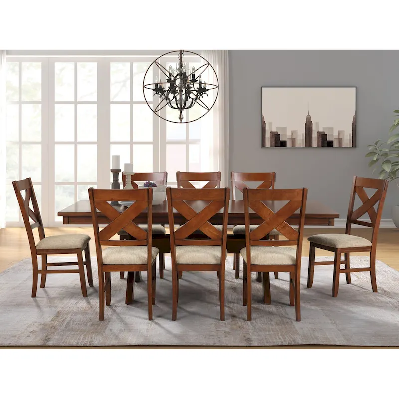 Roundhill Furniture Karven Wood 9-Piece Dining Set, Extendable Trestle Dining Table with 8 Chairs, Dark Hazelnut