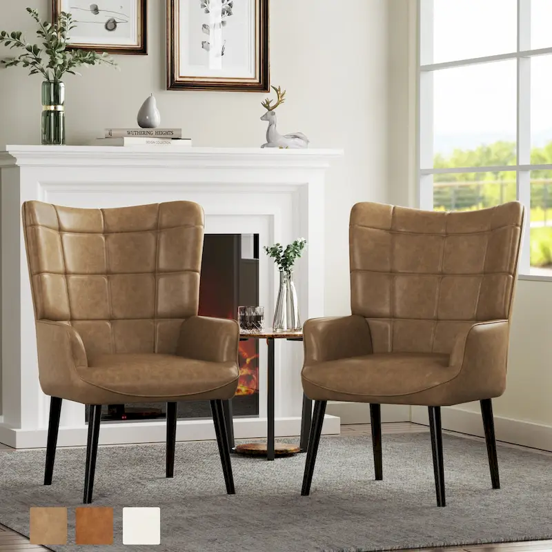 High-back Tufted Accent Chair Set of 2 Cream/ Brown/ Taupe
