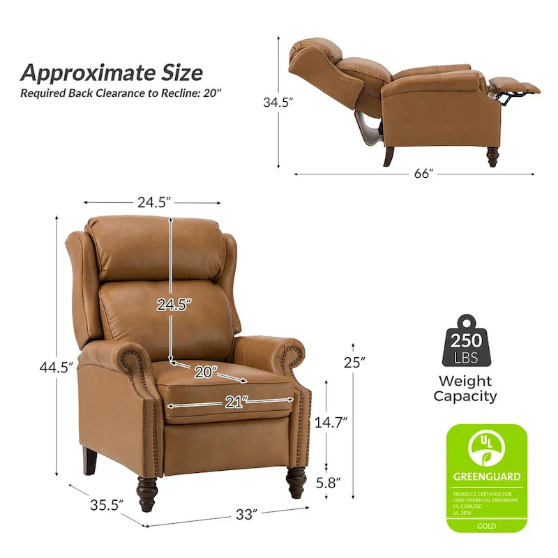 Noemon Modern Genuine Leather Recliner with Nailhead Trims Set of 2 by HULALA HOME