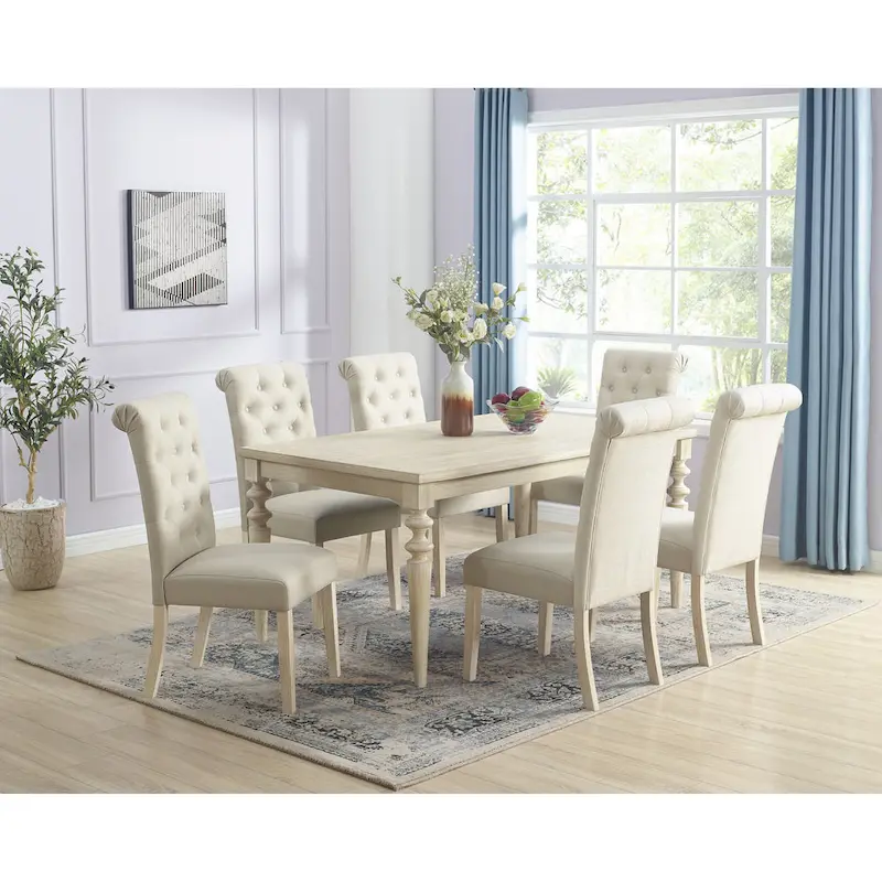 Roundhill Amonia 7-piece Dining Set, Turned-Leg Dining Table with 6 Tufted Chairs