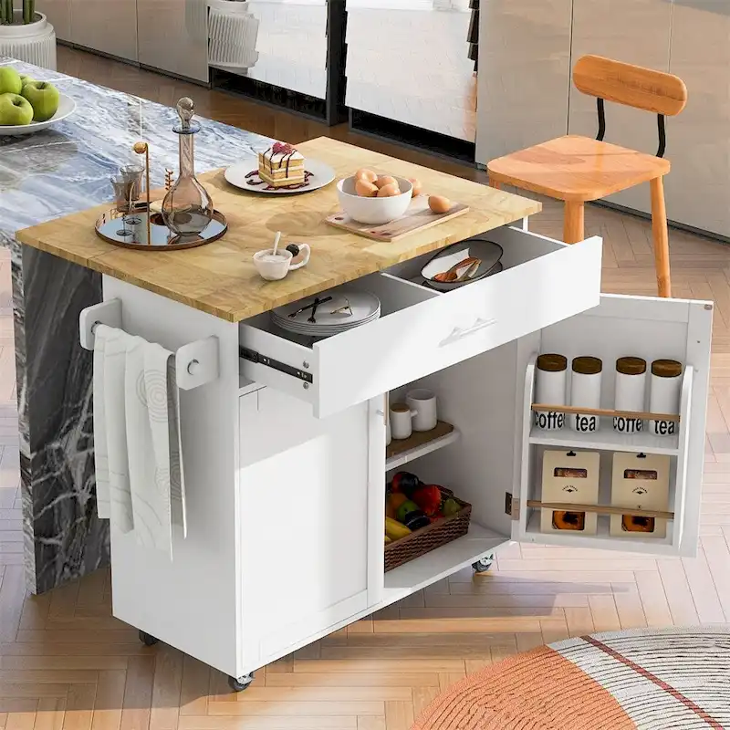 Rolling Kitchen Cart with Adjustable Shelf Tower Rack and Rubber Top - N/A