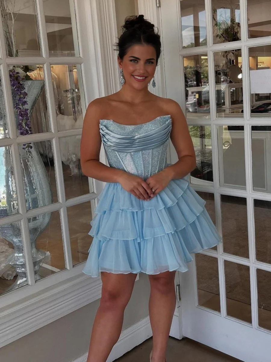 Sky Blue - Strapless A Line Chiffon Beaded Homecoming Dress With Ruffles