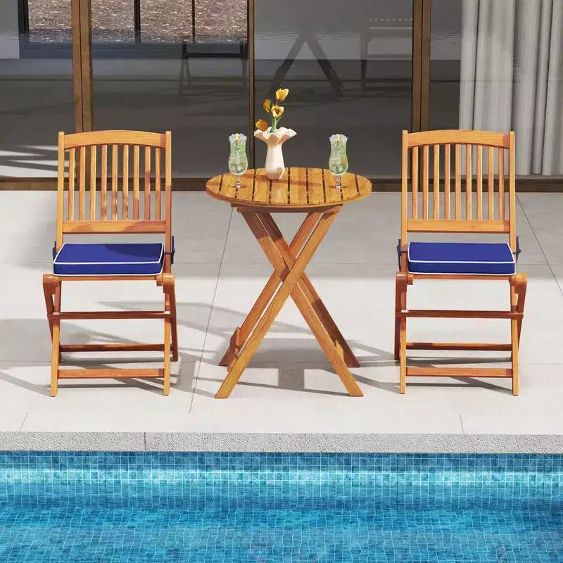 Costway 3 PCS Acacia Wood Patio Bistro Set Folding Table & Chairs Set with Cushions Beige/Navy