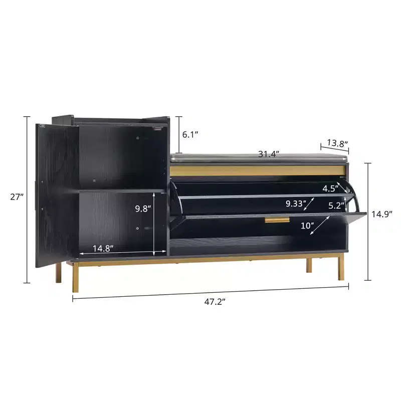 VECELO Storage Bench, 2-Tier Flip Drawers for Entryway Shoe Rack Organizer, Removable Seat Cushion
